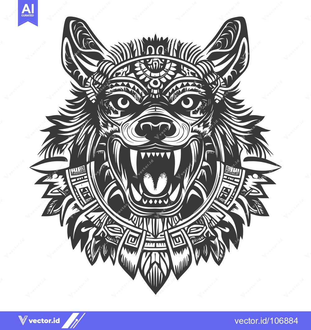 Premium Vector of Ornate Tribal Wolf Head with Open Mouth and Detailed Design