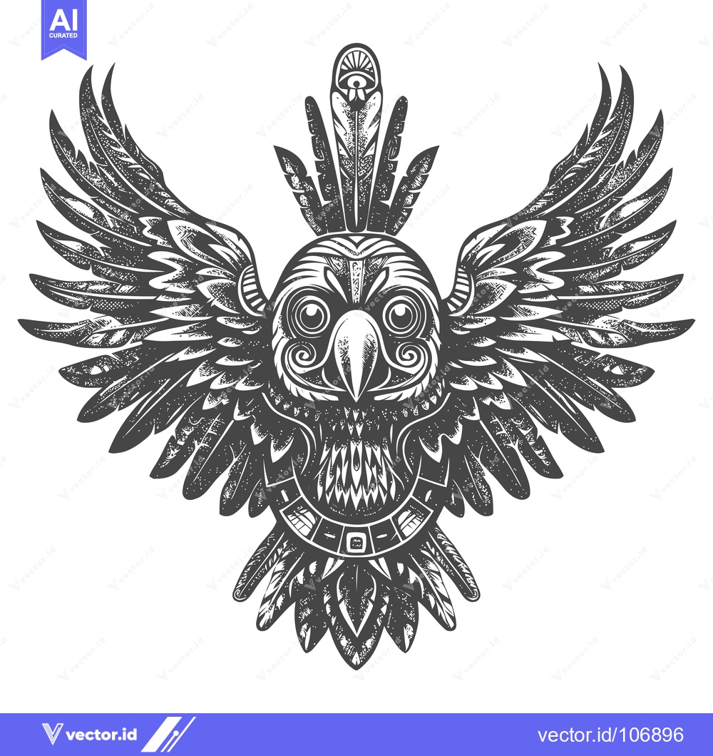 Premium Vector of Ornate Tribal Owl with Spread Wings and Feathered Headpiece
