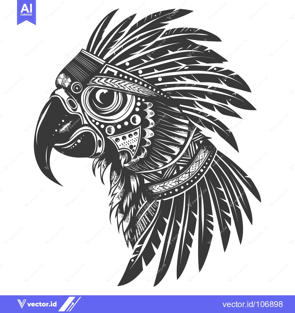 Premium Vector dari Ornamental Parrot Head with Feathers and Geometric Patterns