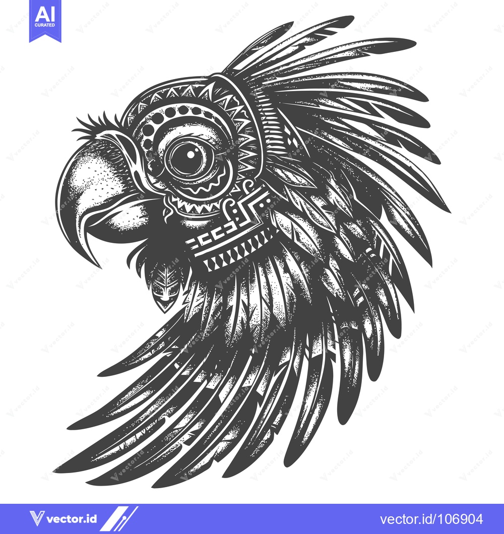 Premium Vector dari Black and White Illustration of a Bird with Elaborate Feathers and Geo