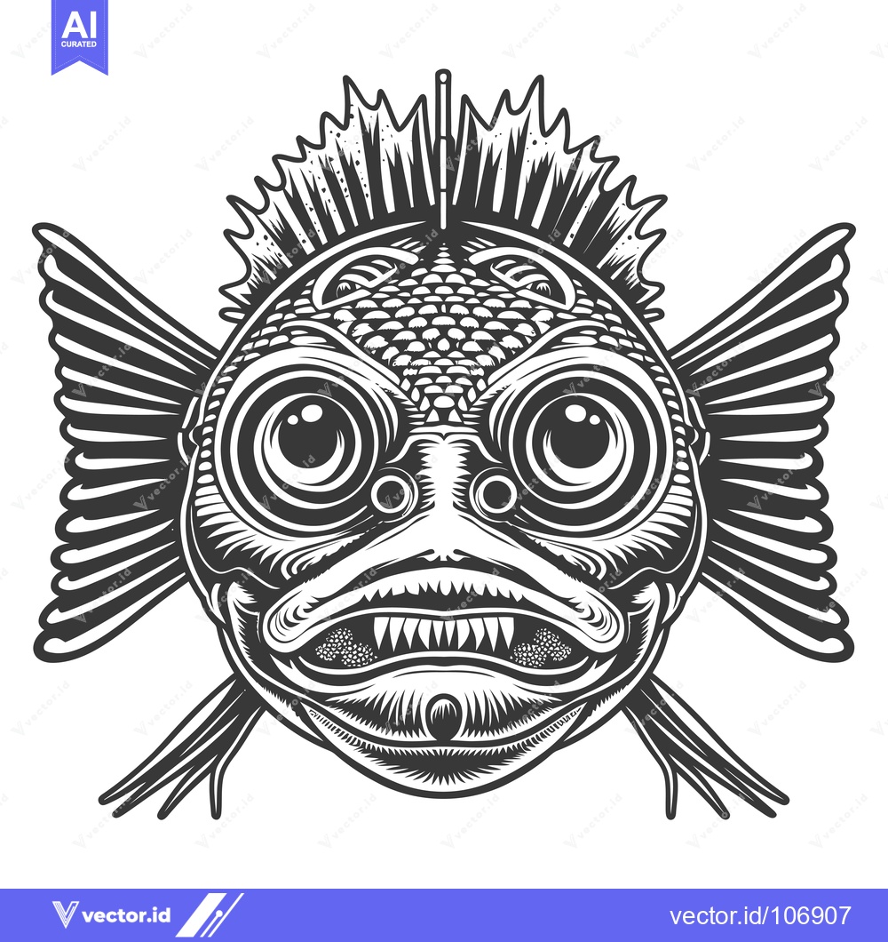 Premium Vector of Monochrome Illustration of a Fish with Sharp Teeth and Large Eyes