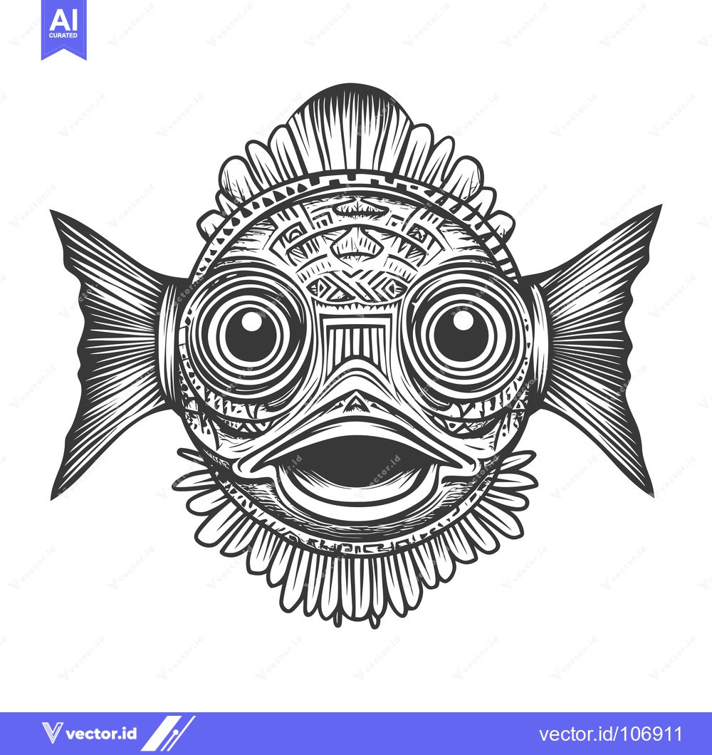 Premium Vector dari Black and White Illustration of a Tribal Fish with Large Eyes and an O