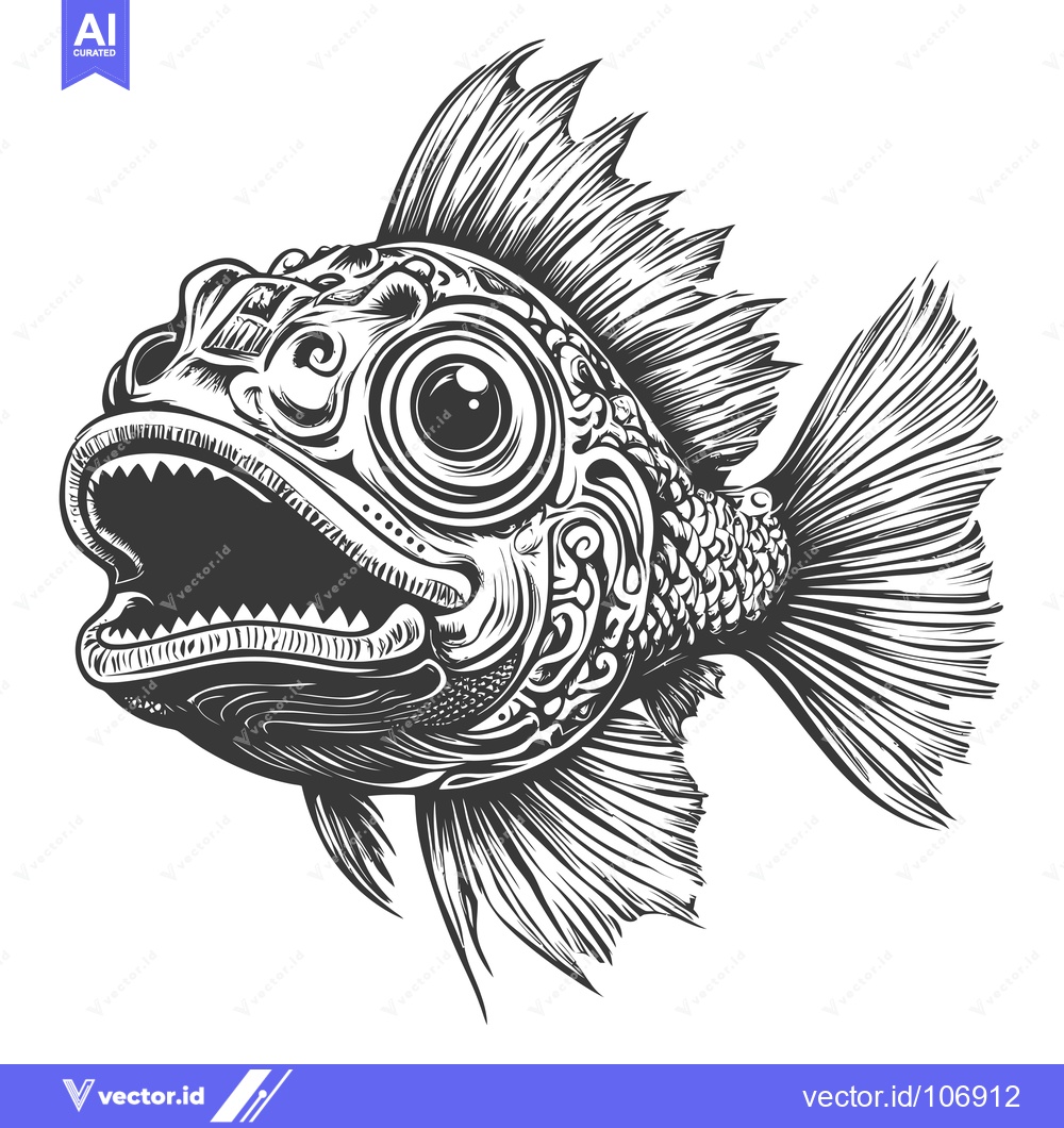 Premium Vector of Ornate Black and White Fish Illustration with Open Mouth and Detailed
