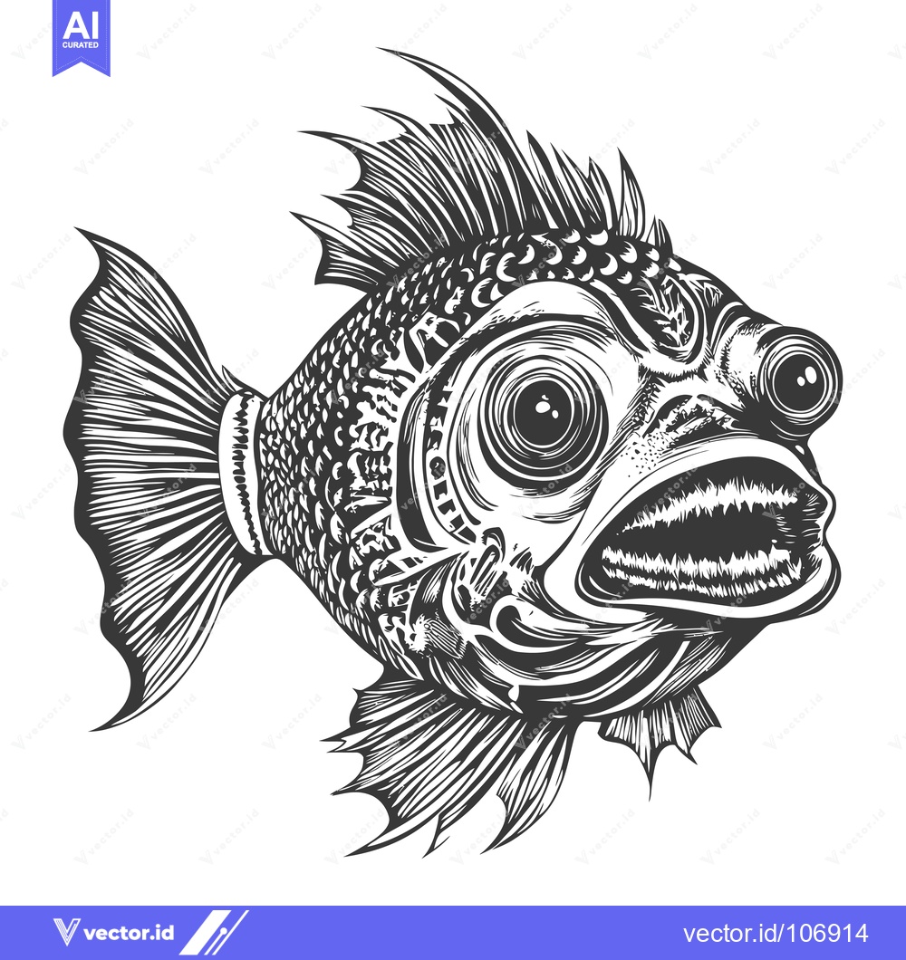 Premium Vector of Detailed Line Art Illustration of a Fish with a Wide Open Mouth