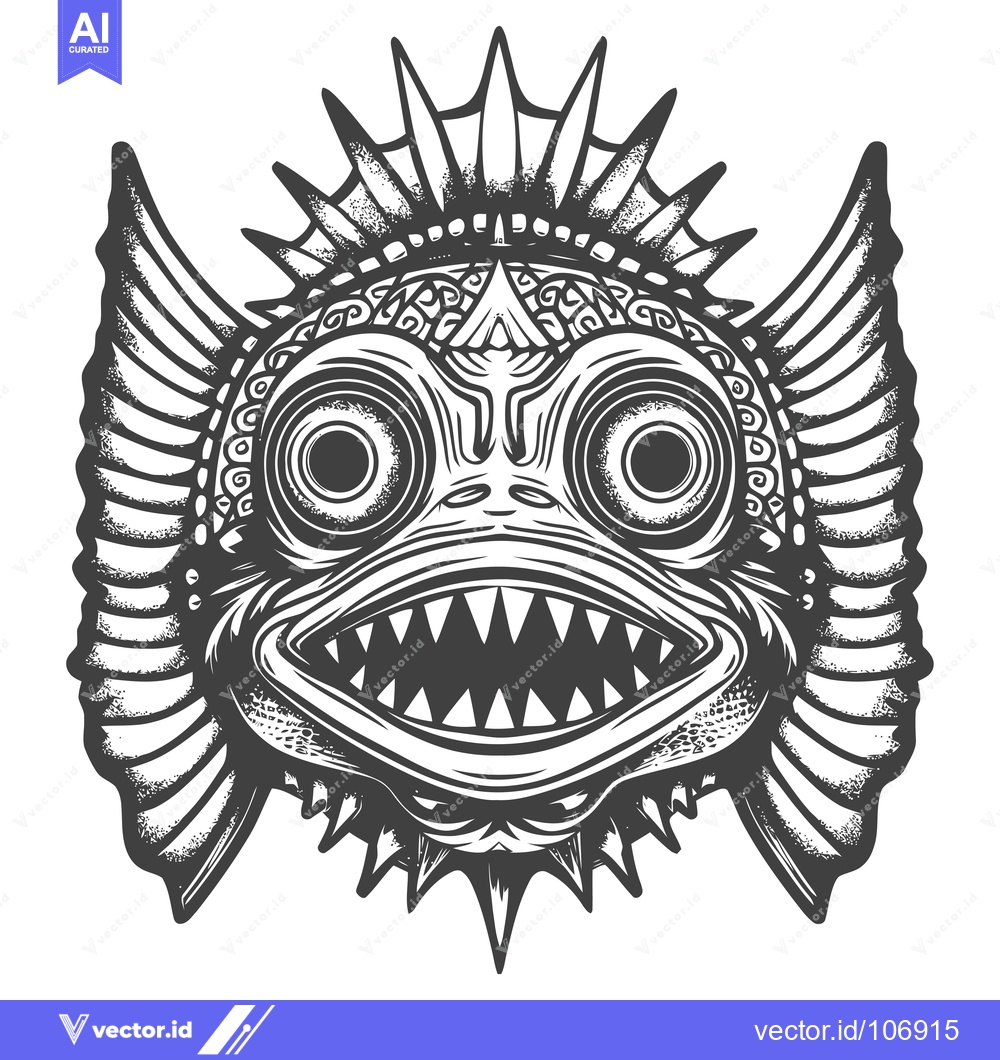 Premium Vector dari Black and White Illustration of a Ferocious Fish with Spikes and Large