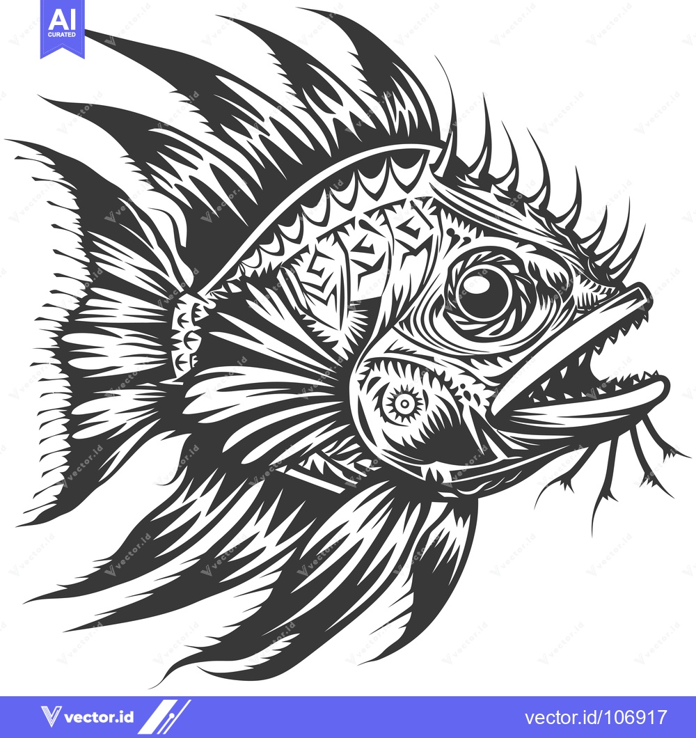 Premium Vector of Black and White Stylized Fish with Spikes and Open Mouth