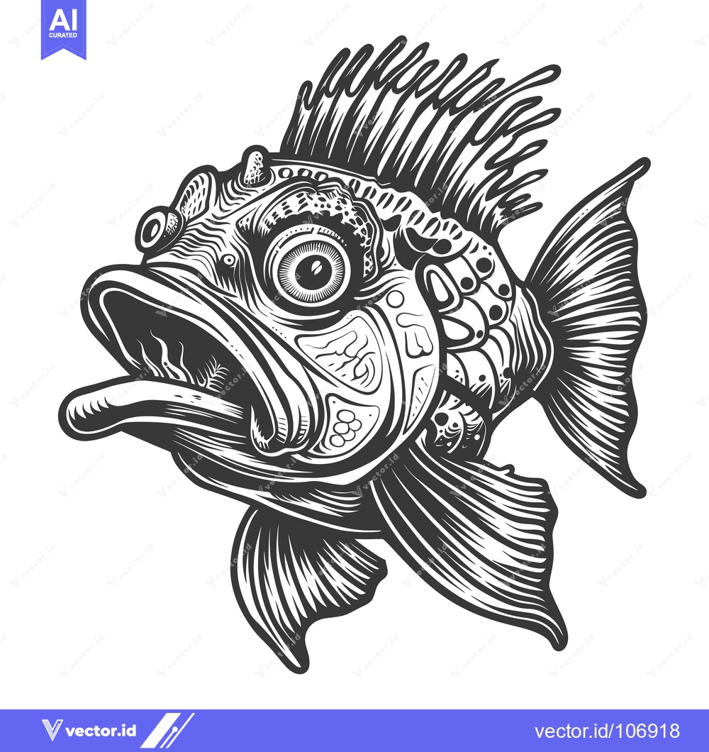 Premium Vector dari Detailed Black and White Illustration of a Fish with a Large Eye and a