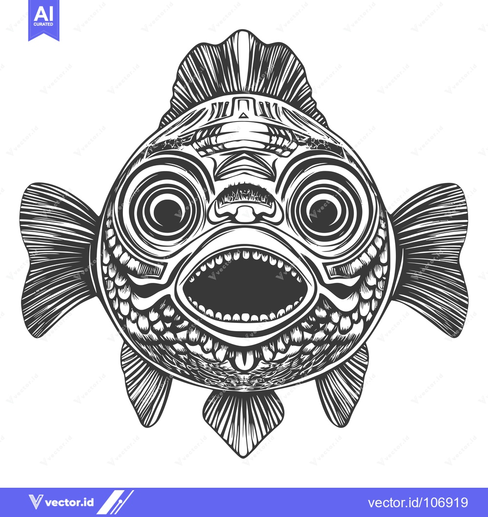 Premium Vector of Detailed Black and White Illustration of a Fish with Open Mouth