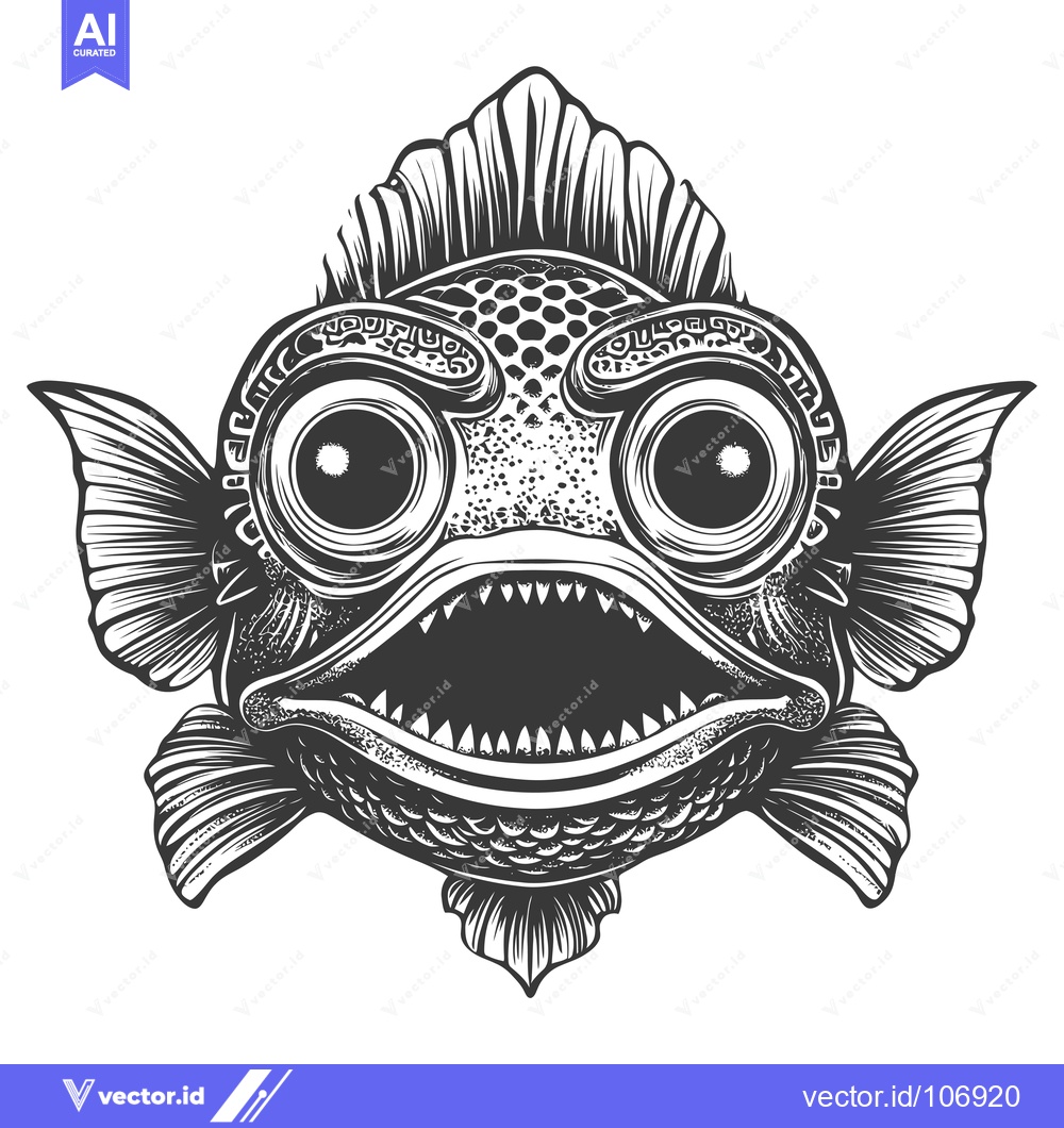 Premium Vector of Black and White Illustration of a Fish with Large Eyes and a Wide Open