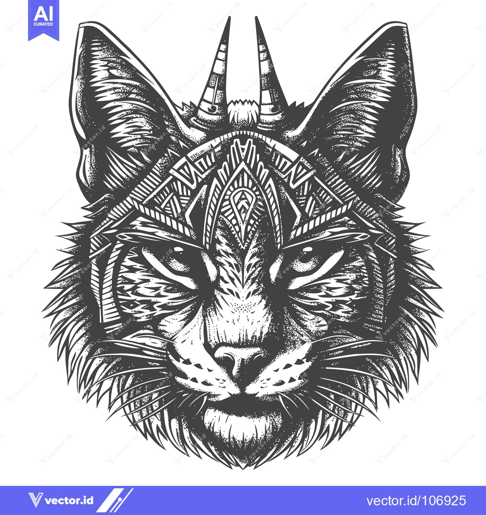 Premium Vector dari Black and White Geometric Illustration of a Bobcat Head with Horns