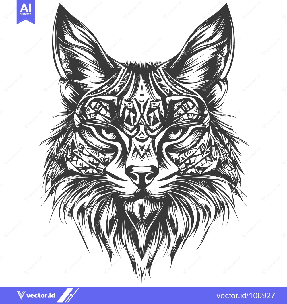 Premium Vector of Detailed Black and White Illustration of a Wildcat's Head with Geometr