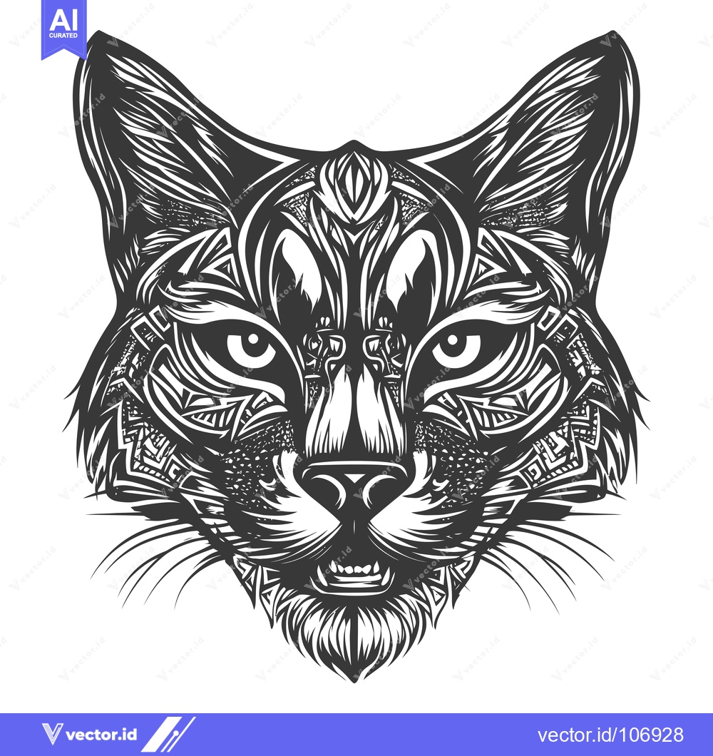 Premium Vector of Black and White Detailed Illustration of a Cat's Head with Geometric P