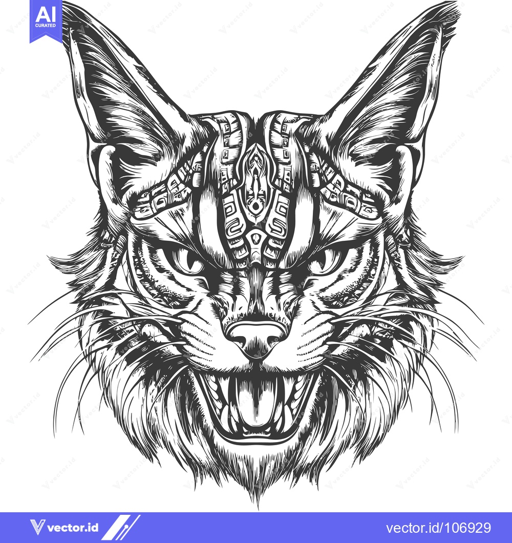 Premium Vector dari Black and White Illustration of a Ferocious Cat Head
