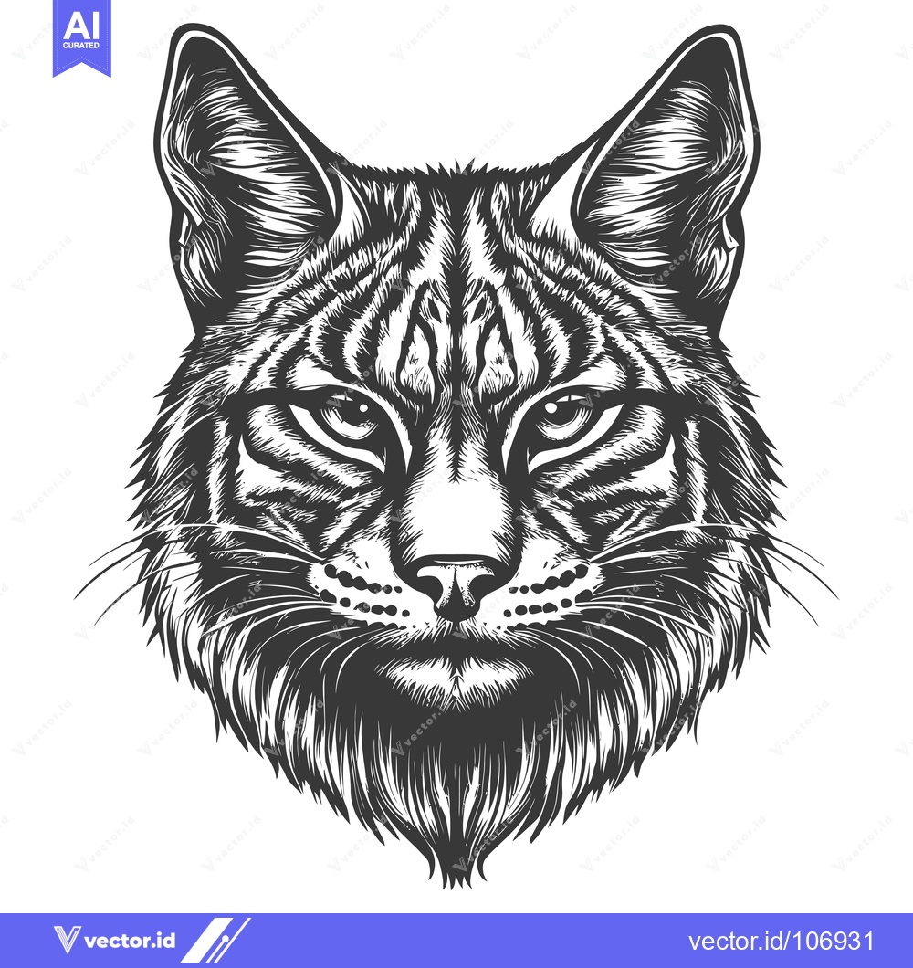 Premium Vector dari A close-up black and white illustration of a bobcat's face