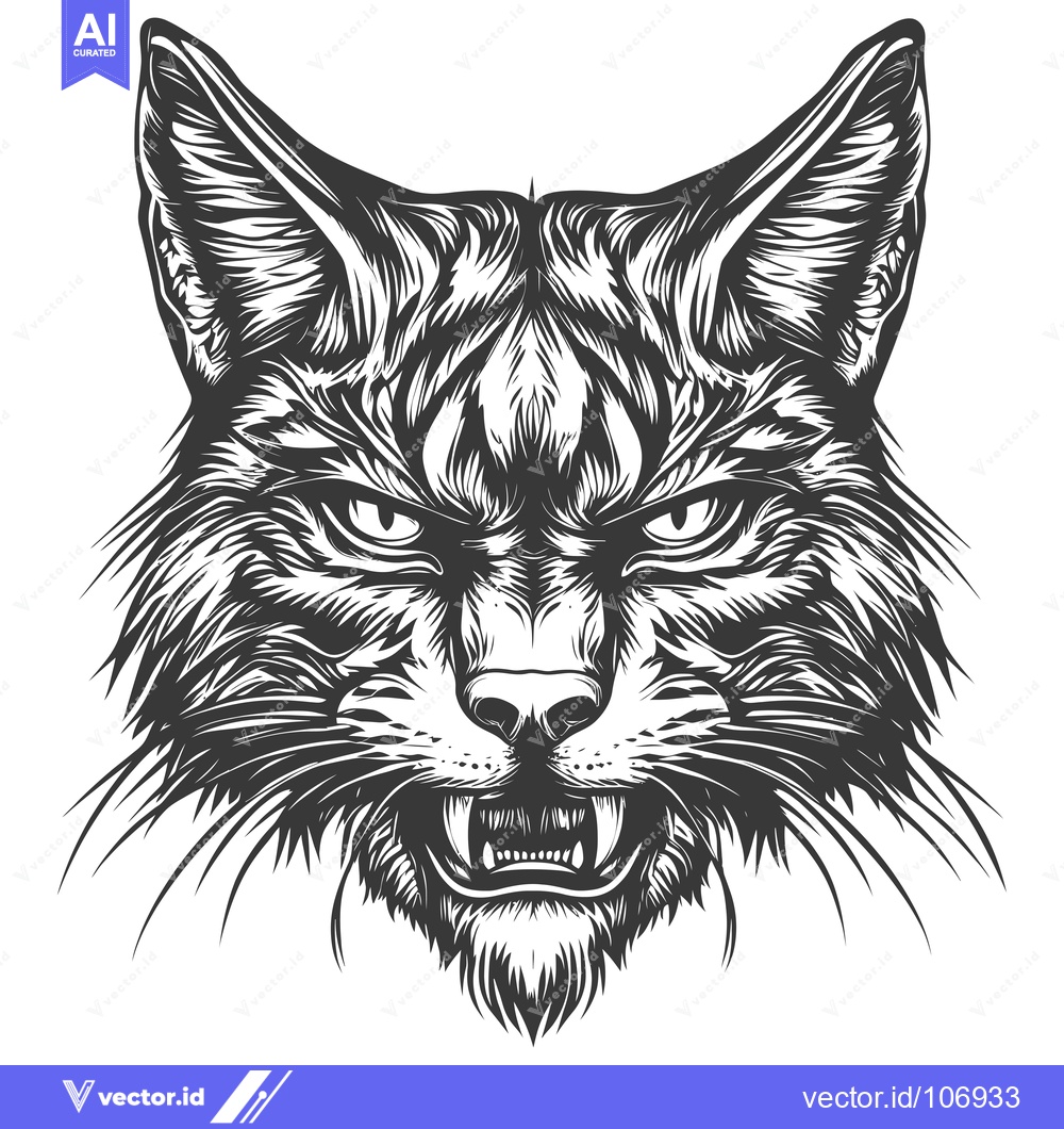 Premium Vector dari A Detailed Black and White Illustration of a Growling Lynx's Head