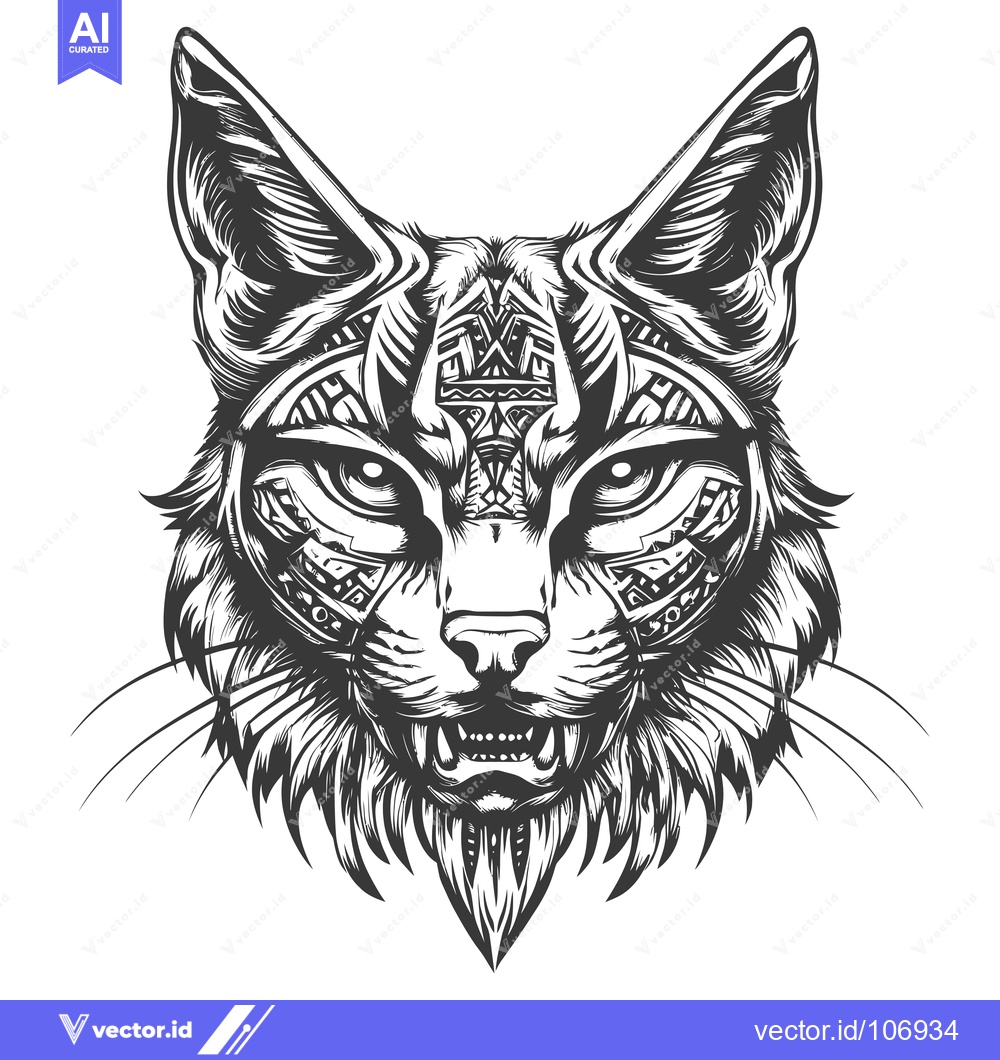 Premium Vector dari A Detailed, Black and White Illustration of a Ferocious, Geometric Cat