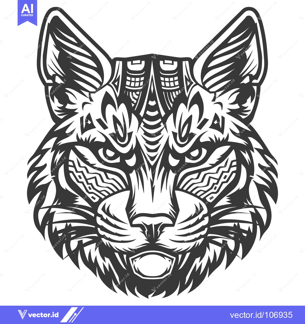 Premium Vector dari Detailed Monochrome Illustration of a Wolf's Head with Intricate Patte