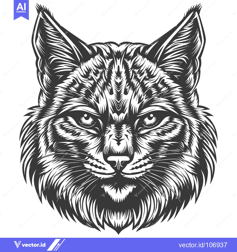 Premium Vector of Black and White Illustrated Portrait of a Bobcat