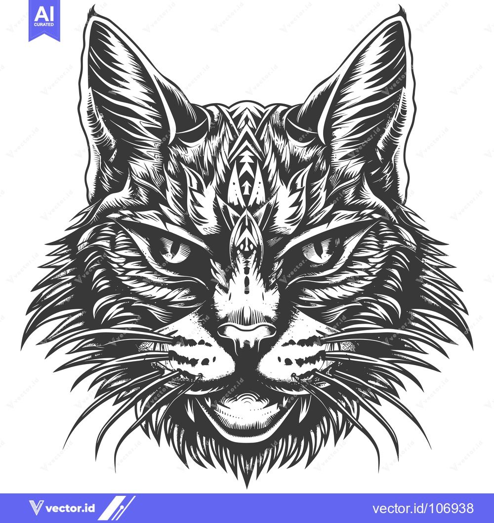 Premium Vector of Intricate Black and White Illustration of a Cat's Face