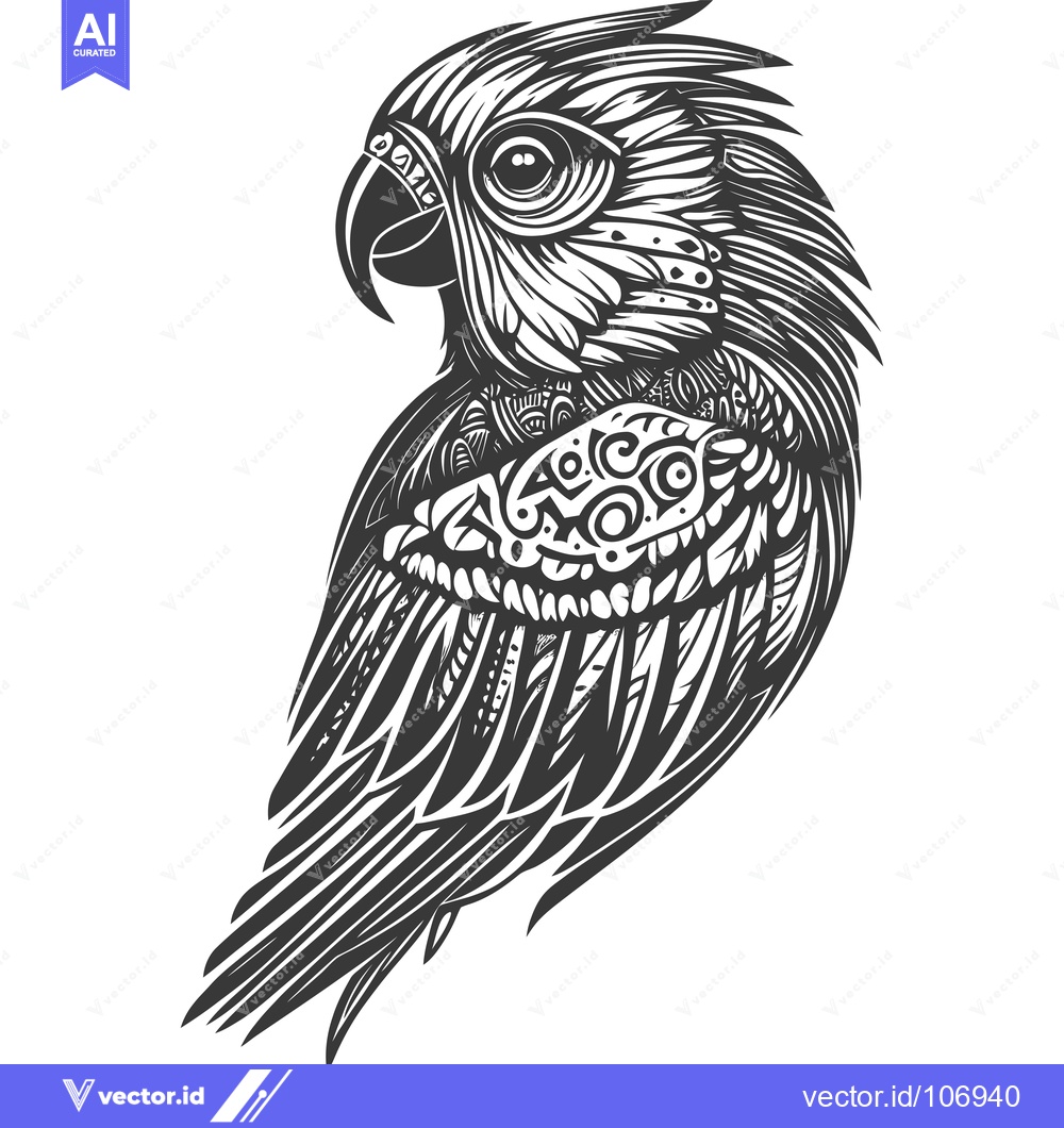 Premium Vector of Detailed Black and White Illustration of a Parrot with Geometric Patte