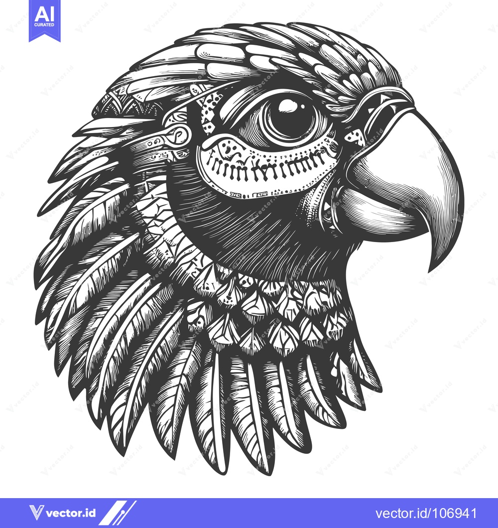 Premium Vector dari Detailed Black and White Illustration of a Parrot Head