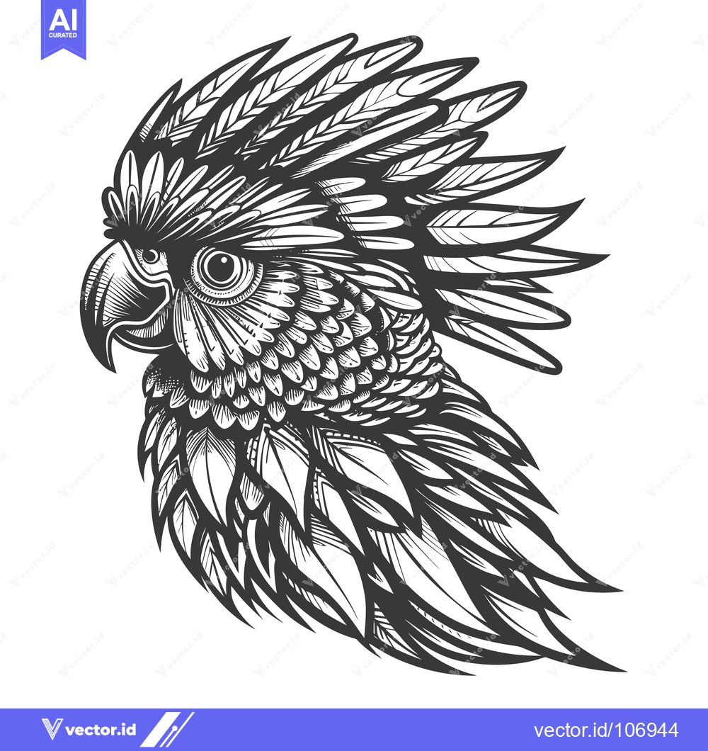 Premium Vector of Detailed Black and White Illustration of a Cockatoo's Head