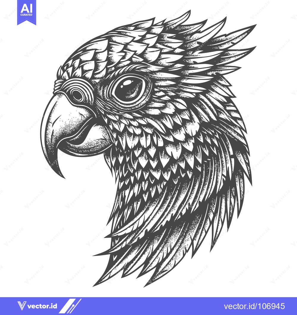 Premium Vector of Detailed Black and White Illustration of a Parrot's Head