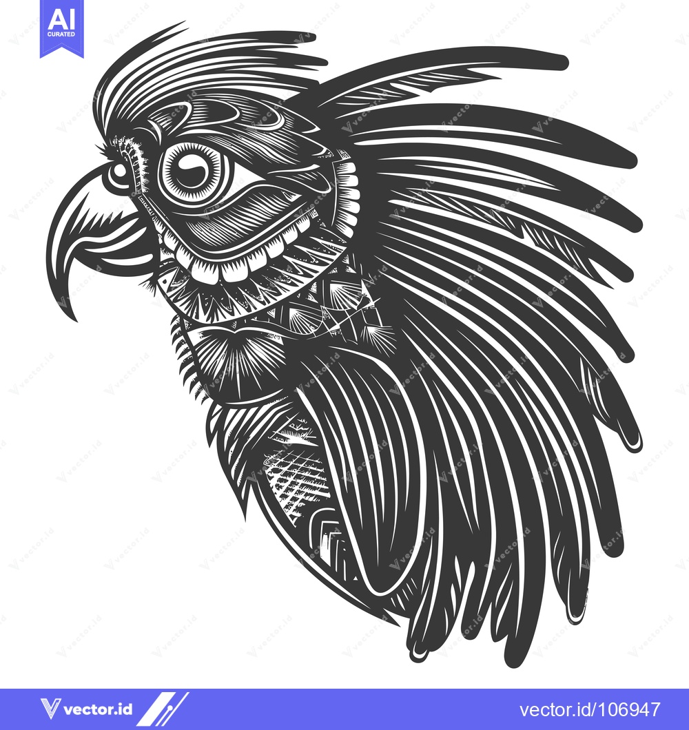 Premium Vector of Black and White Detailed Illustration of a Parrot's Head