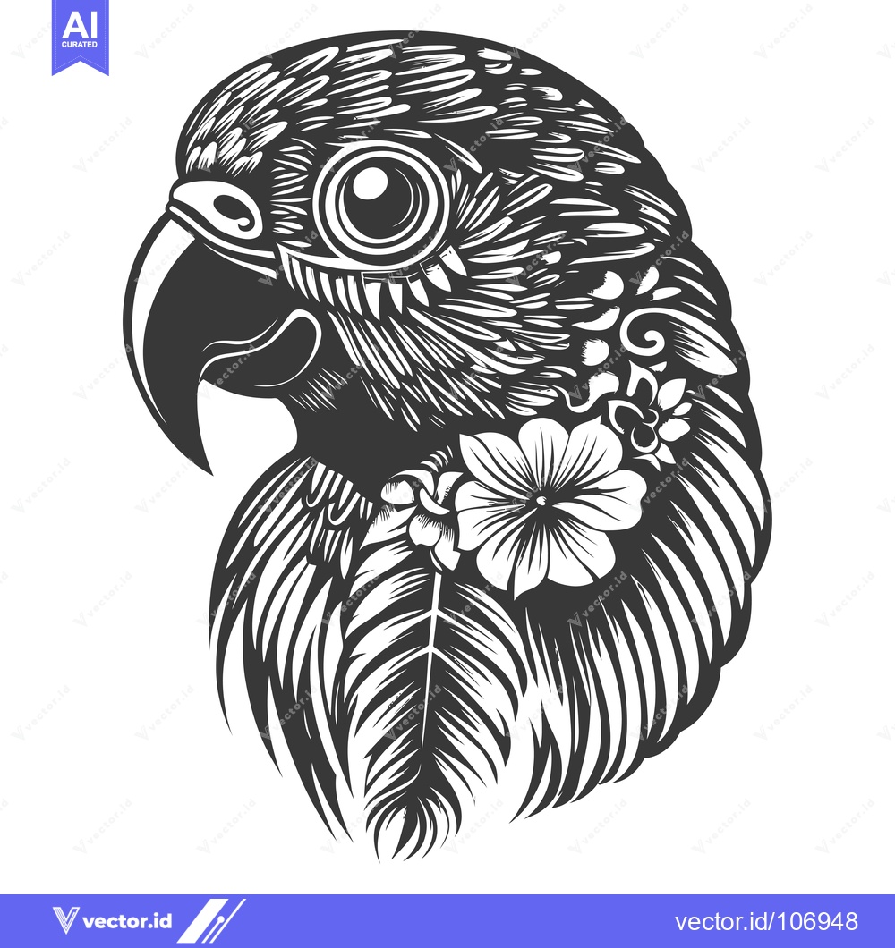 Premium Vector of Detailed Black and White Illustration of a Parrot's Head with Flowers