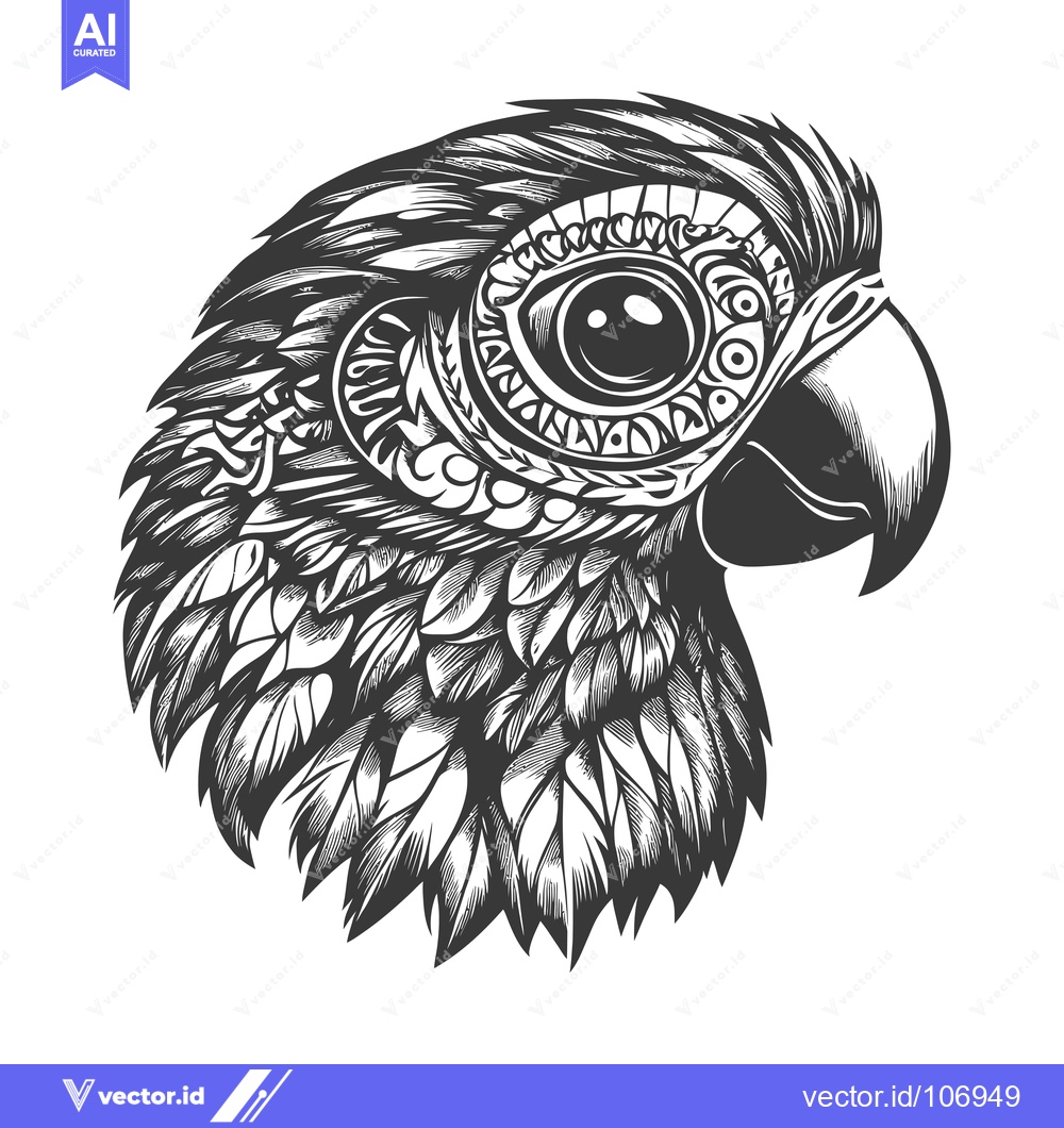 Premium Vector dari Detailed Black and White Illustration of a Parrot Head with Ornate Fea