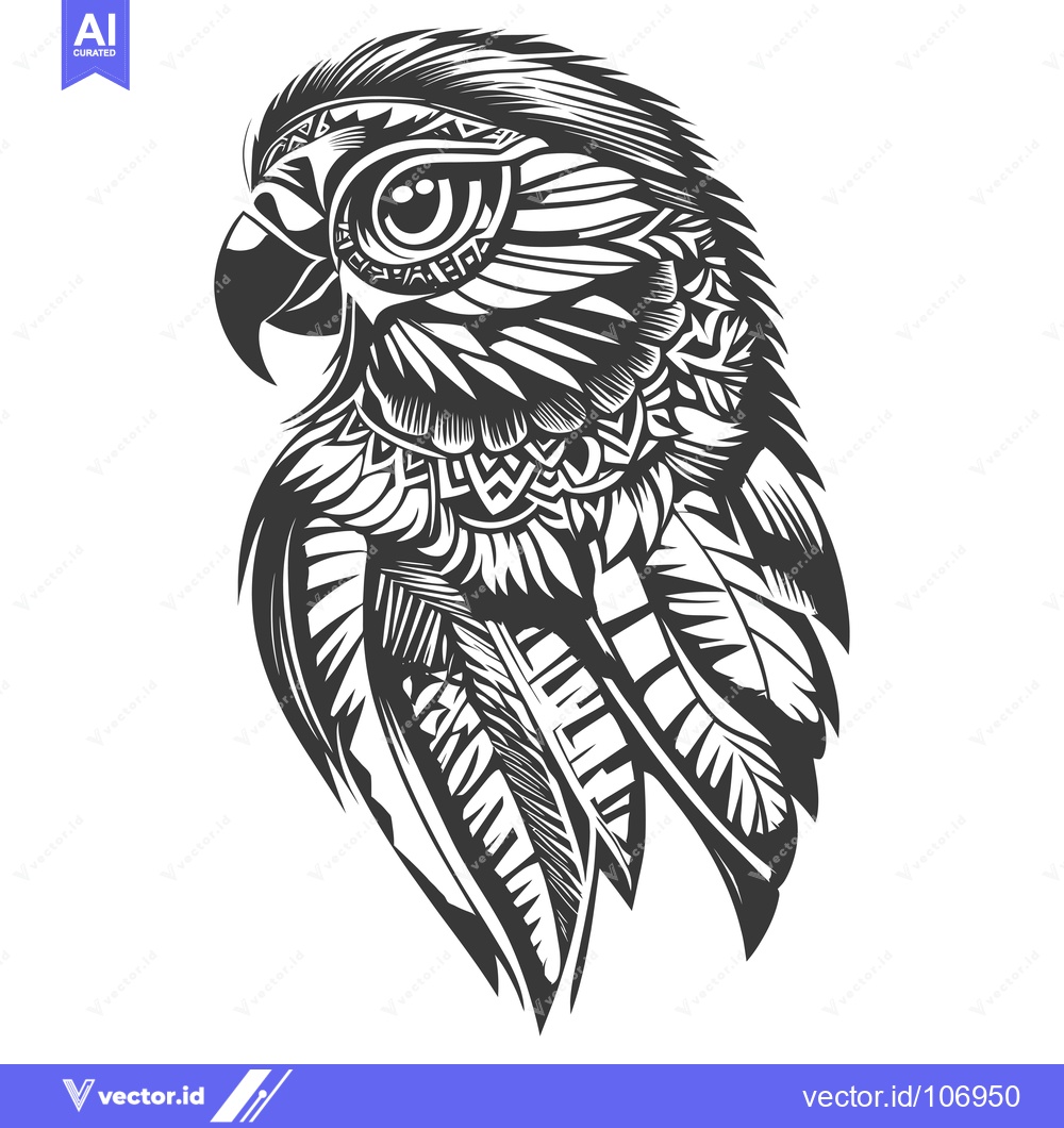 Premium Vector of Ornamental Black and White Parrot Head Design