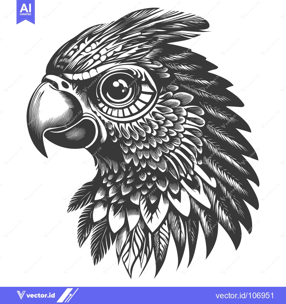 Premium Vector of Detailed Black and White Illustration of a Parrot's Head