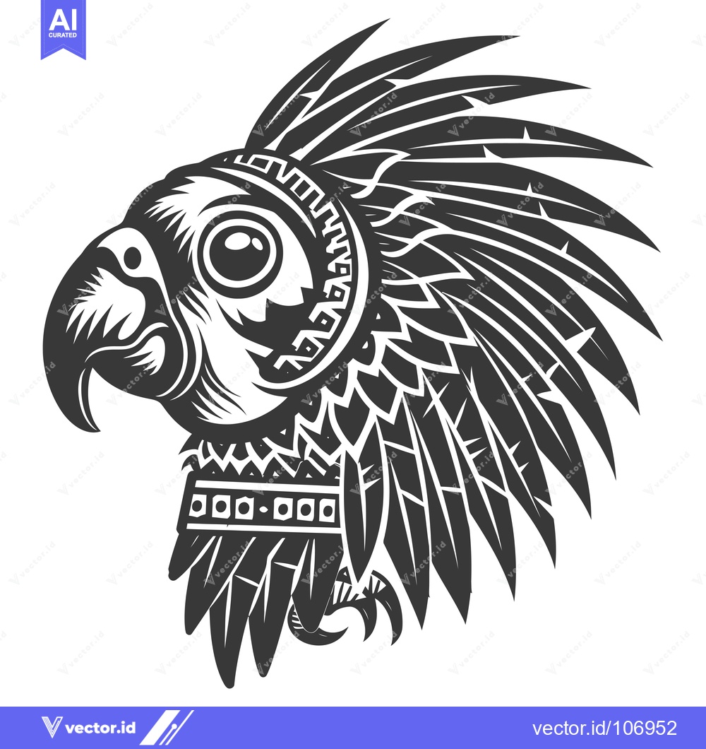 Premium Vector of Black and White Illustration of a Parrot with a Tribal Headdress