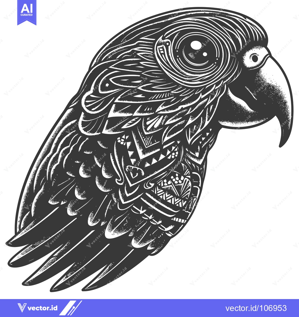Premium Vector dari Ornate Black and White Parrot with Detailed Feathers and Patterned Bod