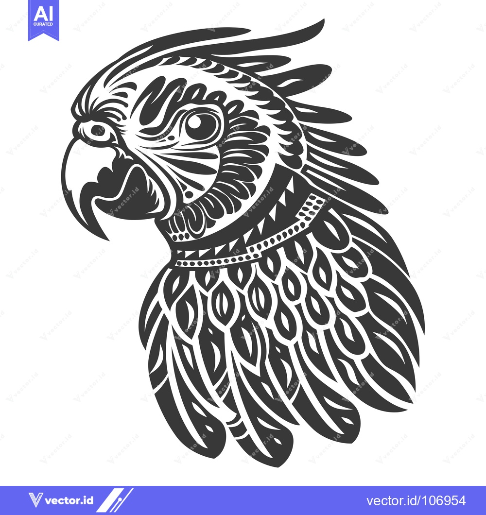 Premium Vector dari Ornate Black and White Parrot Head with Detailed Feathers