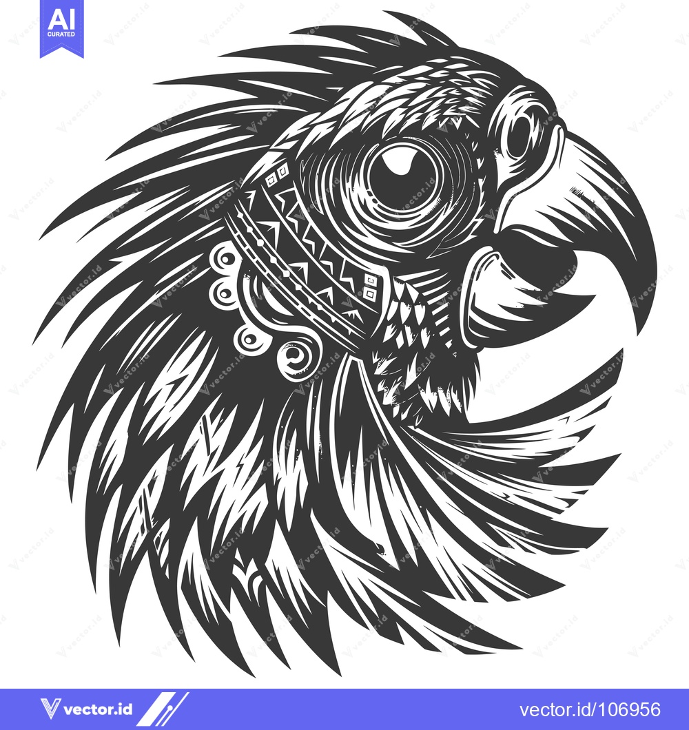 Premium Vector of Black and White Stylized Parrot Head with Feathers and Tribal Design