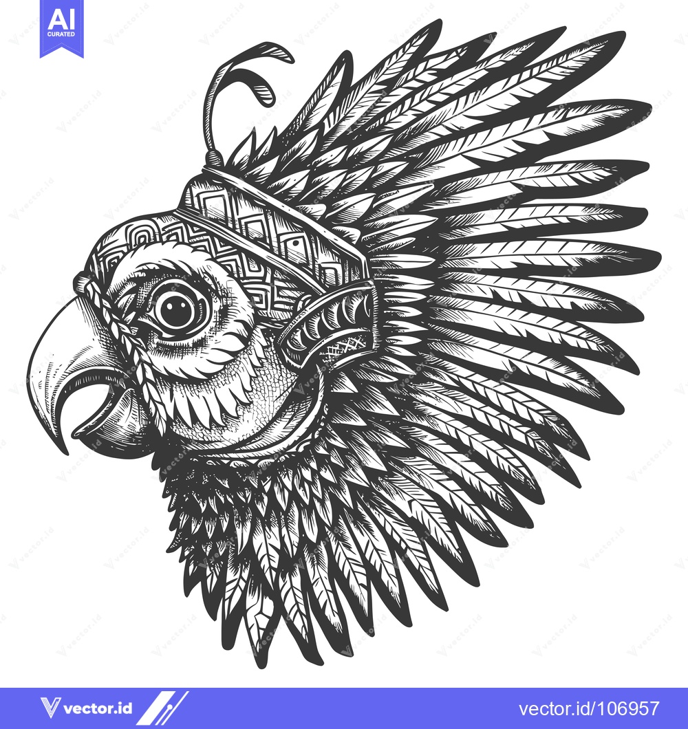 Premium Vector of Hand Drawn Illustration of a Parrot with Ornamental Headwear and Feath