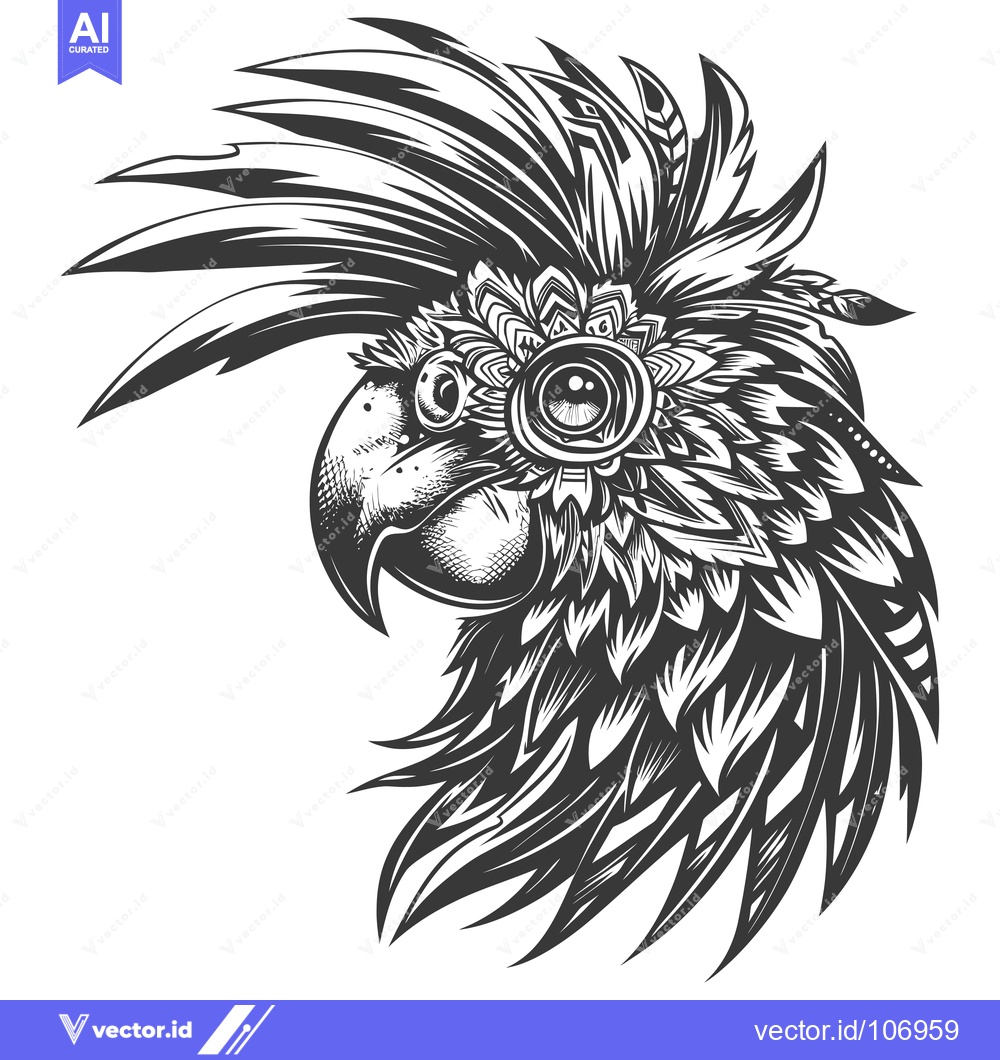 Premium Vector dari Ornate Black and White Parrot Head with Detailed Feathers