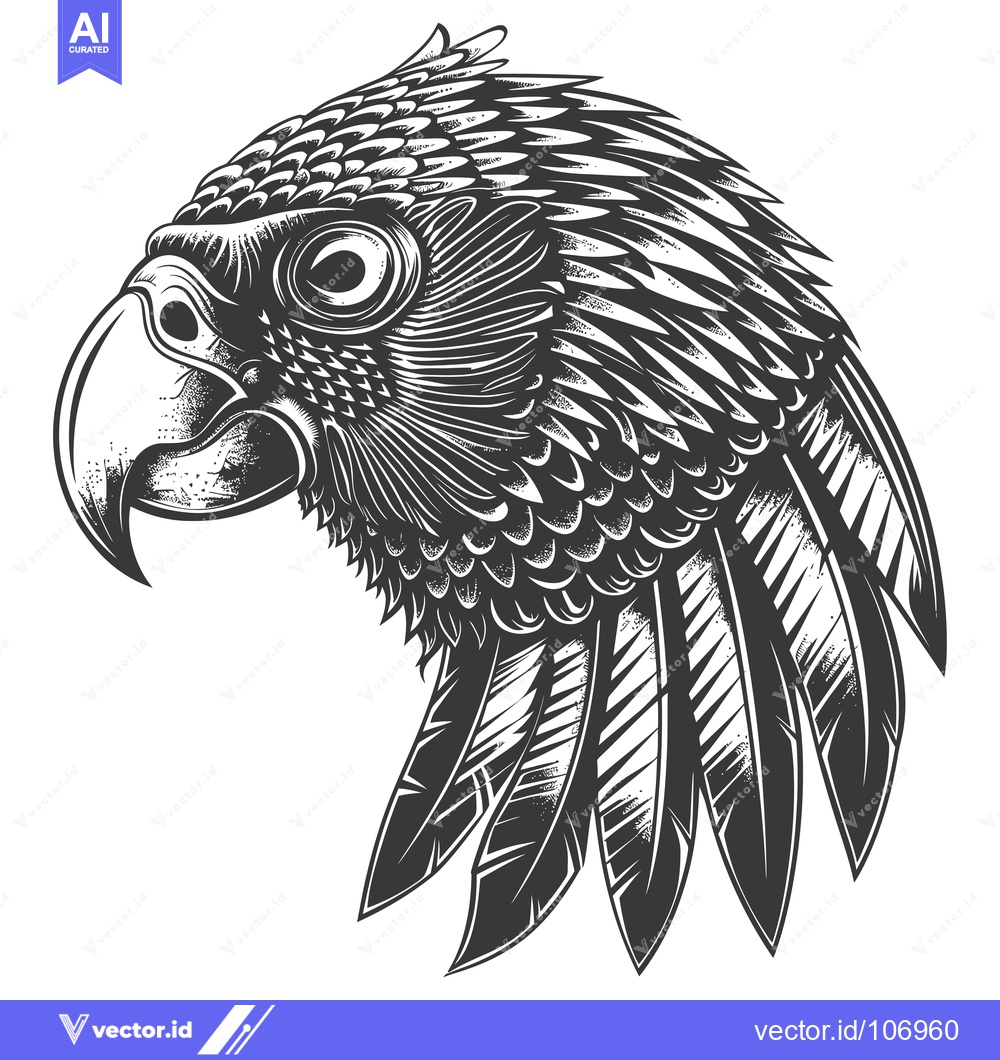 Premium Vector dari Black and White Illustration of a Parrot's Head with Feathers