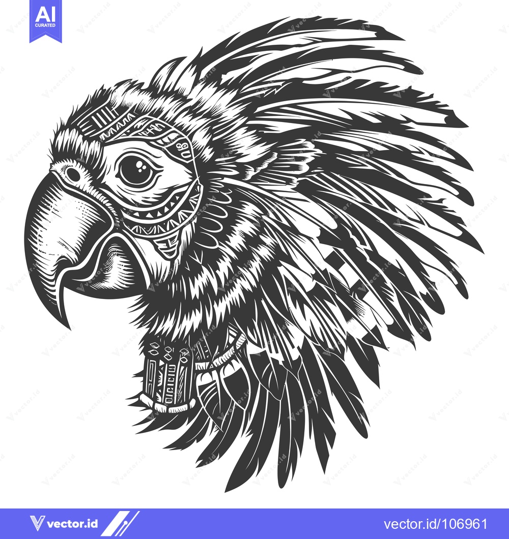 Premium Vector of Black and White Illustration of a Parrot's Head with Feathers