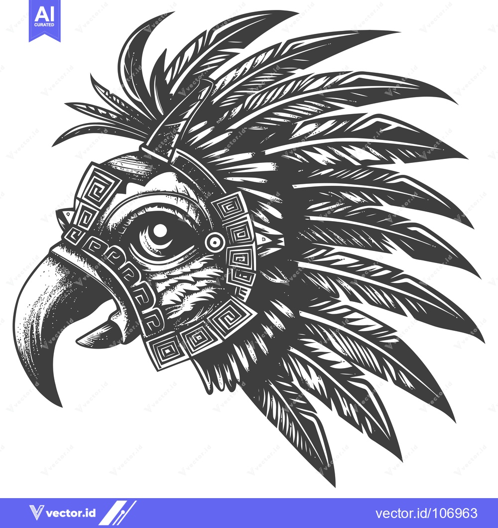 Premium Vector of Black and White Illustration of a Feathered Headdress with a Bird's He