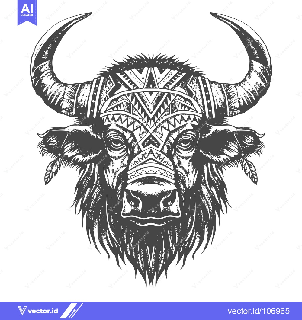Premium Vector dari Tribal Bull Head with Geometric Horns and Feathers