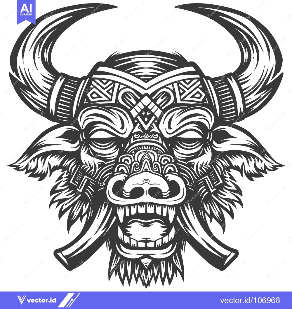 Premium Vector dari Tribal Bull Head with Ornate Horns and Jaw