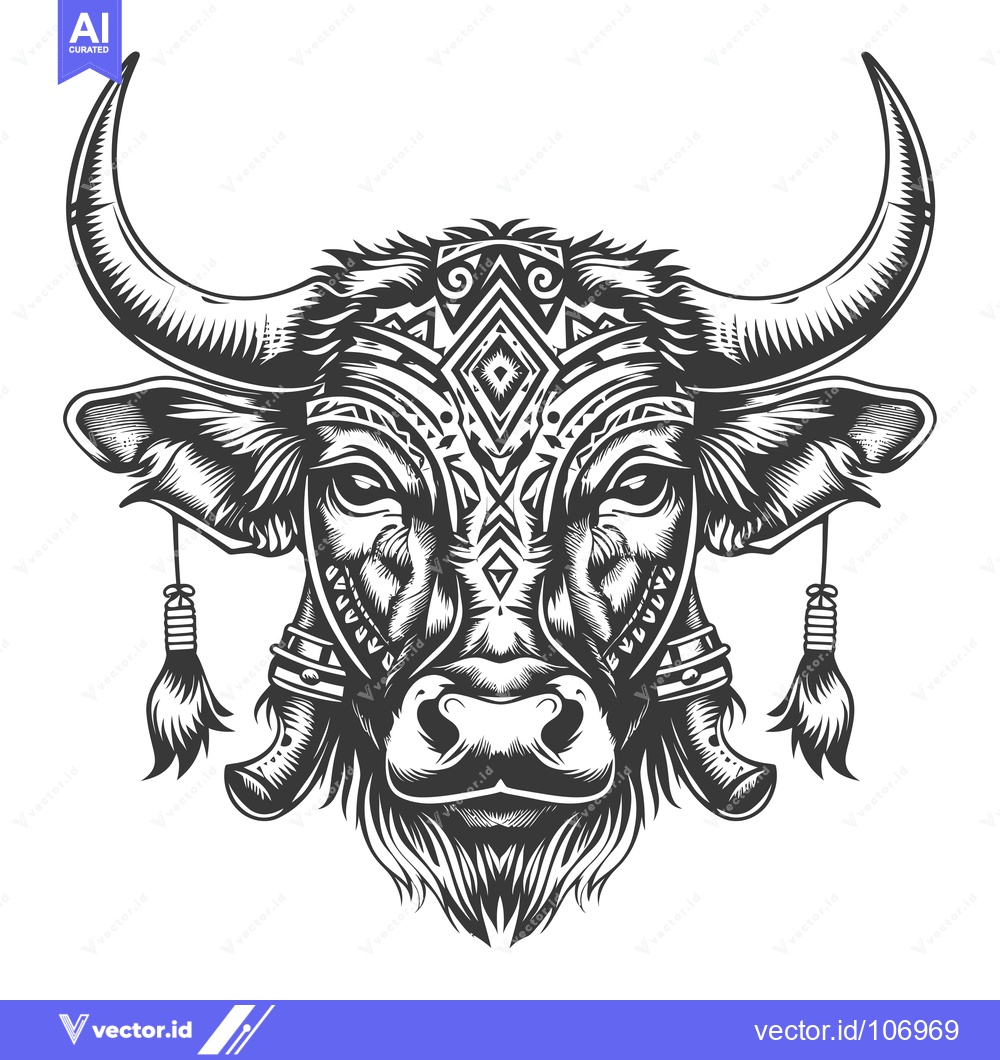 Premium Vector dari Tribal Bull with Ornamental Headwear and Tassels