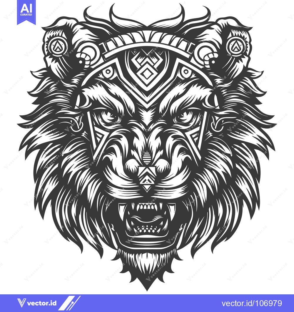Premium Vector dari Tribal Geometric Lion Head with Fangs and Tribal Patterns