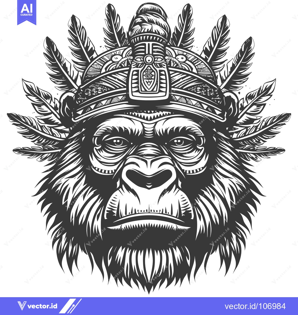 Premium Vector dari Tribal Headdress Adorned Gorilla Head Illustration