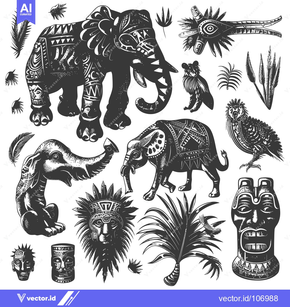 Premium Vector of Tribal Illustrations of Animals, Faces, and Plants