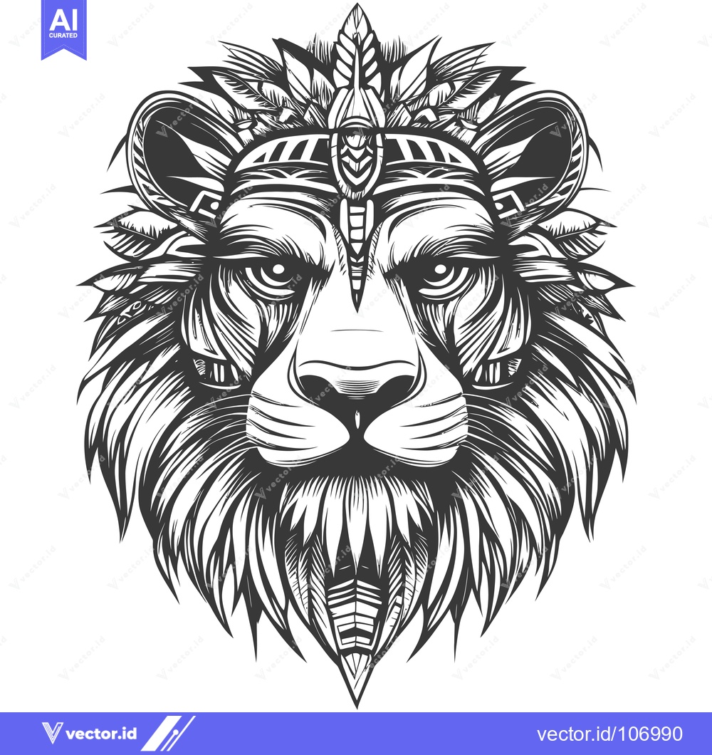 Premium Vector dari Tribal Lion Head with Ornate Headdress