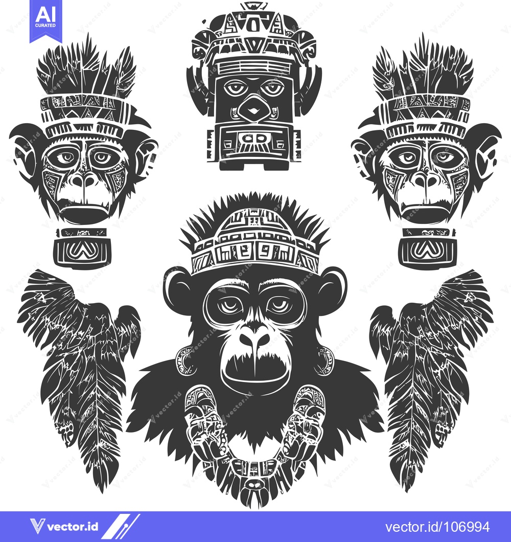 Premium Vector of Tribal Monkey Design with Eagle Feathers and Ancient Mask