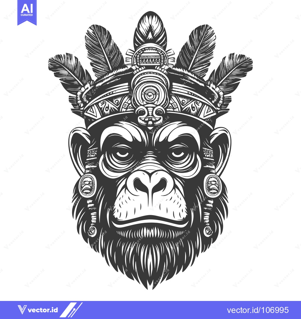Premium Vector of Tribal Monkey Head Wearing a Feather Headdress